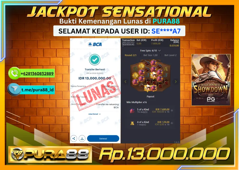 PURA88 JACKPOT WILD BOUNTY SHOWDOWN Rp 13.000.000,- LUNAS
